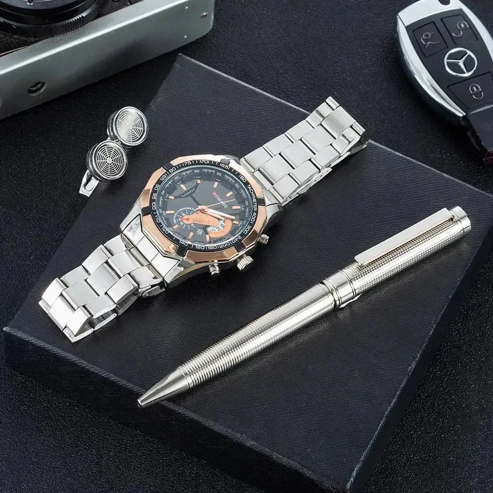 3Pcs Men Watch Gifts Set Fashion Calendar Quartz Wrist Watch Big Dial Watches With Cufflinks Signature Pen Gift Box for Male