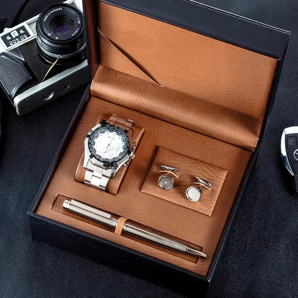 3Pcs Men Watch Gifts Set Fashion Calendar Quartz Wrist Watch Big Dial Watches With Cufflinks Signature Pen Gift Box for Male