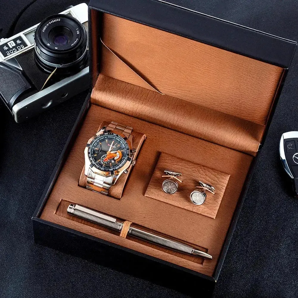 3Pcs Men Watch Gifts Set Fashion Calendar Quartz Wrist Watch Big Dial Watches With Cufflinks Signature Pen Gift Box for Male