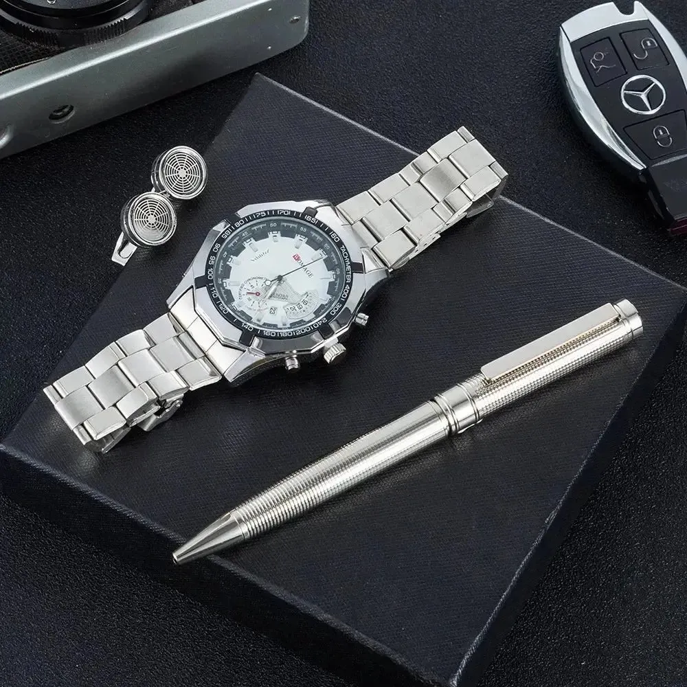 3Pcs Men Watch Gifts Set Fashion Calendar Quartz Wrist Watch Big Dial Watches With Cufflinks Signature Pen Gift Box for Male