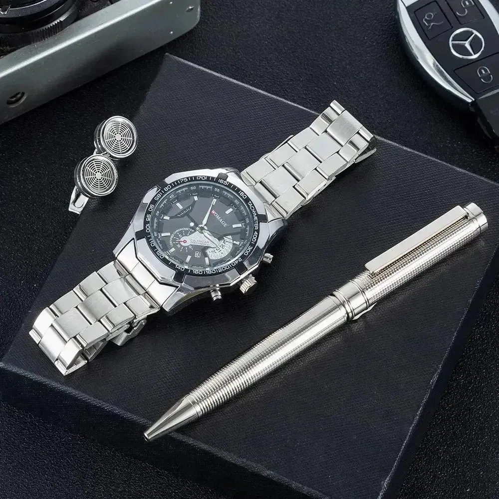 3Pcs Men Watch Gifts Set Fashion Calendar Quartz Wrist Watch Big Dial Watches With Cufflinks Signature Pen Gift Box for Male