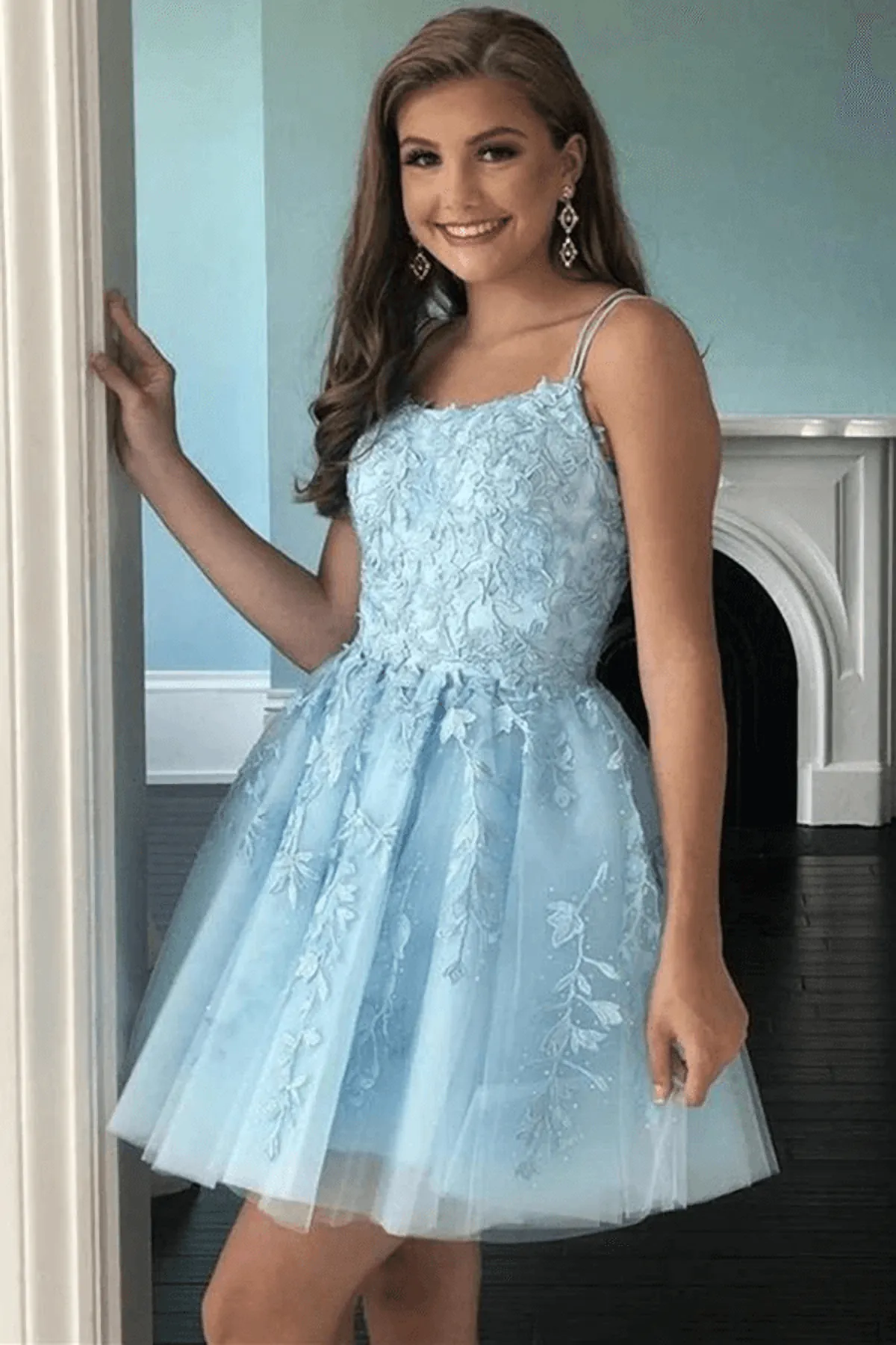A Line Light Blue Tulle Homecoming Dress With Lace Appliques
