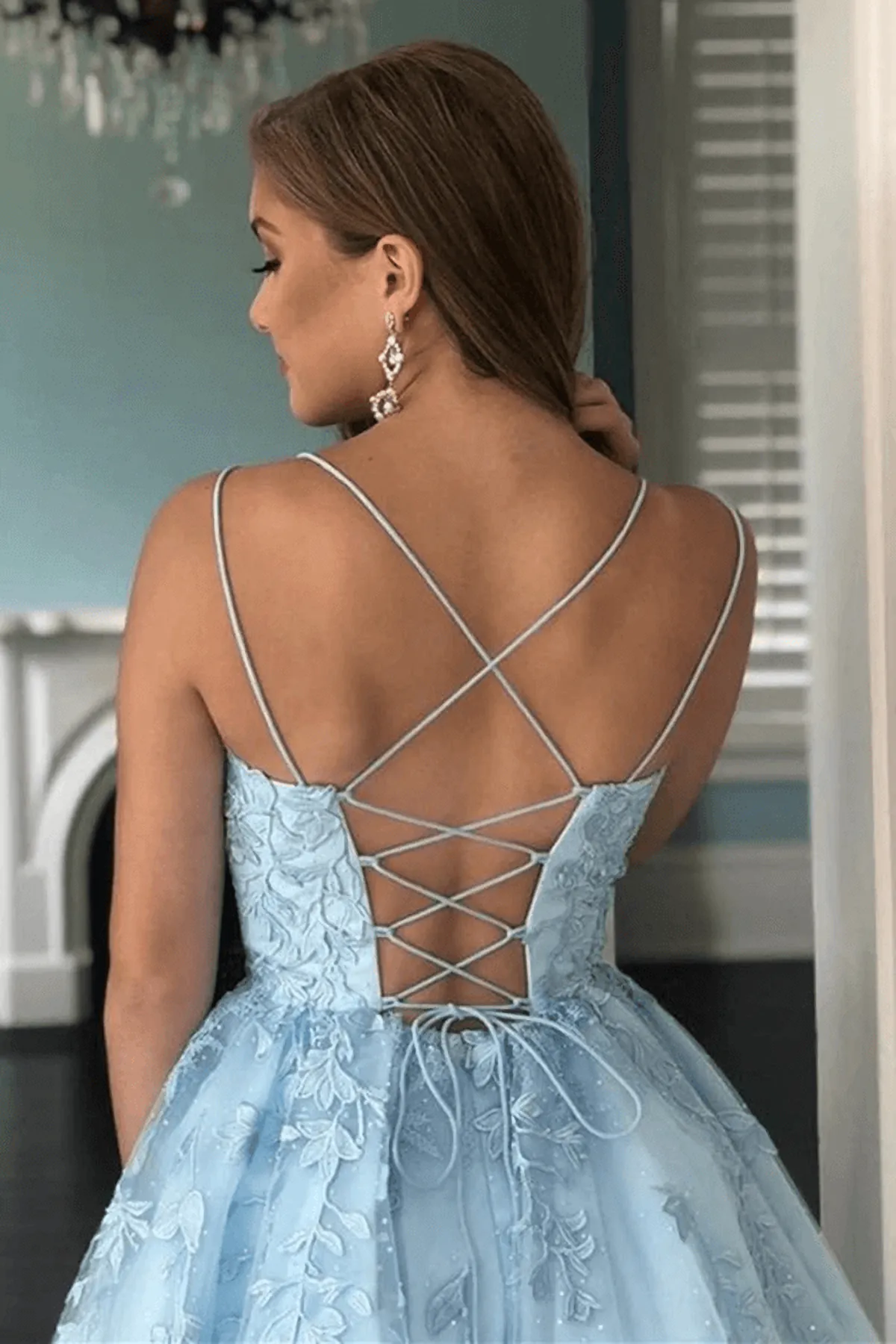 A Line Light Blue Tulle Homecoming Dress With Lace Appliques