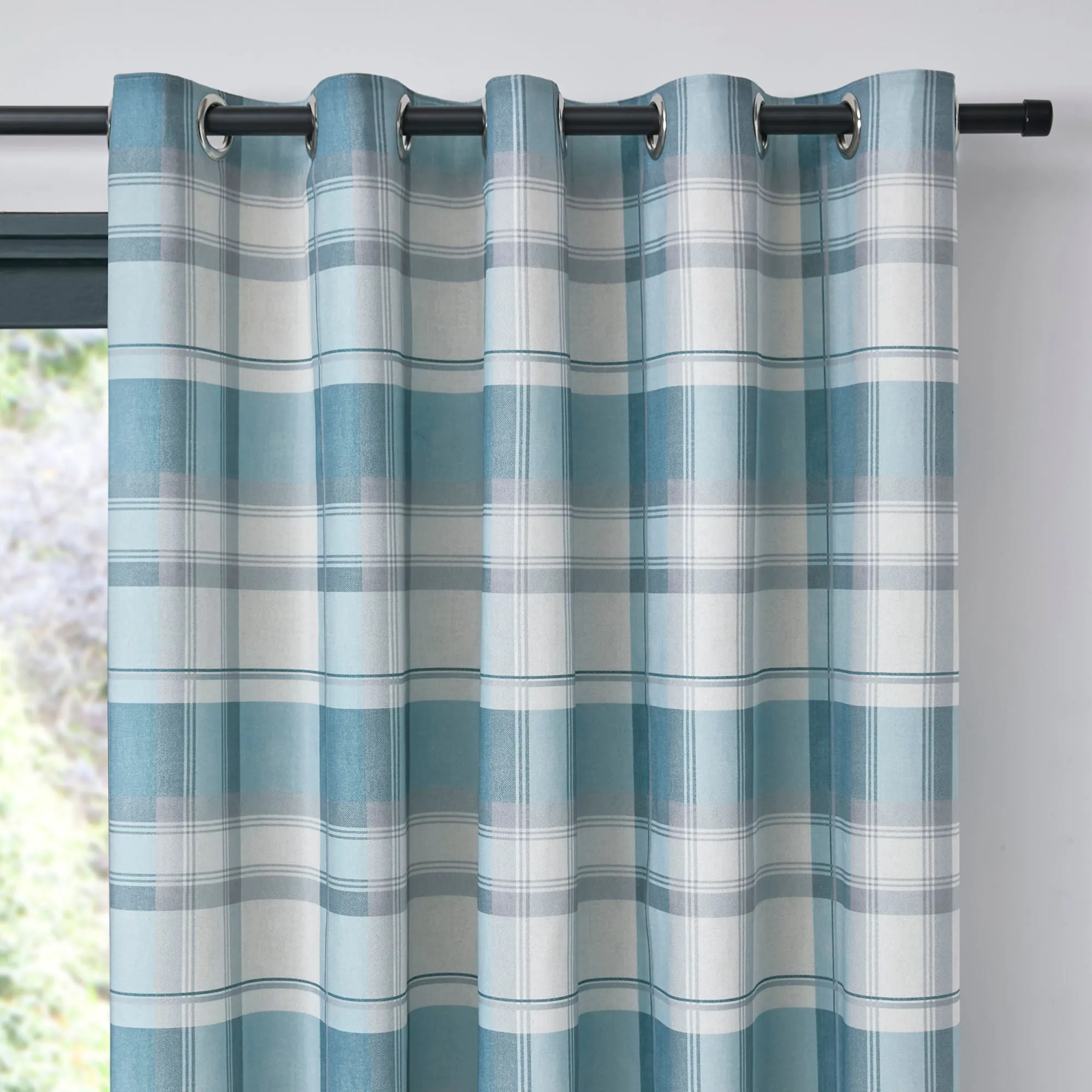 Balmoral Check Pair of Eyelet Curtains by Fusion in Duck Egg