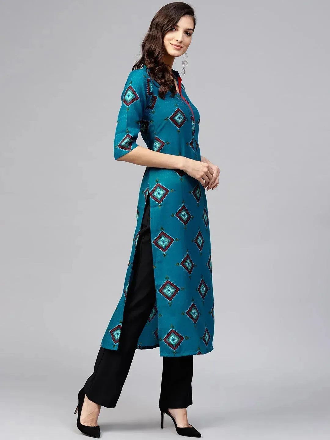 Blue Printed Polyester Kurta