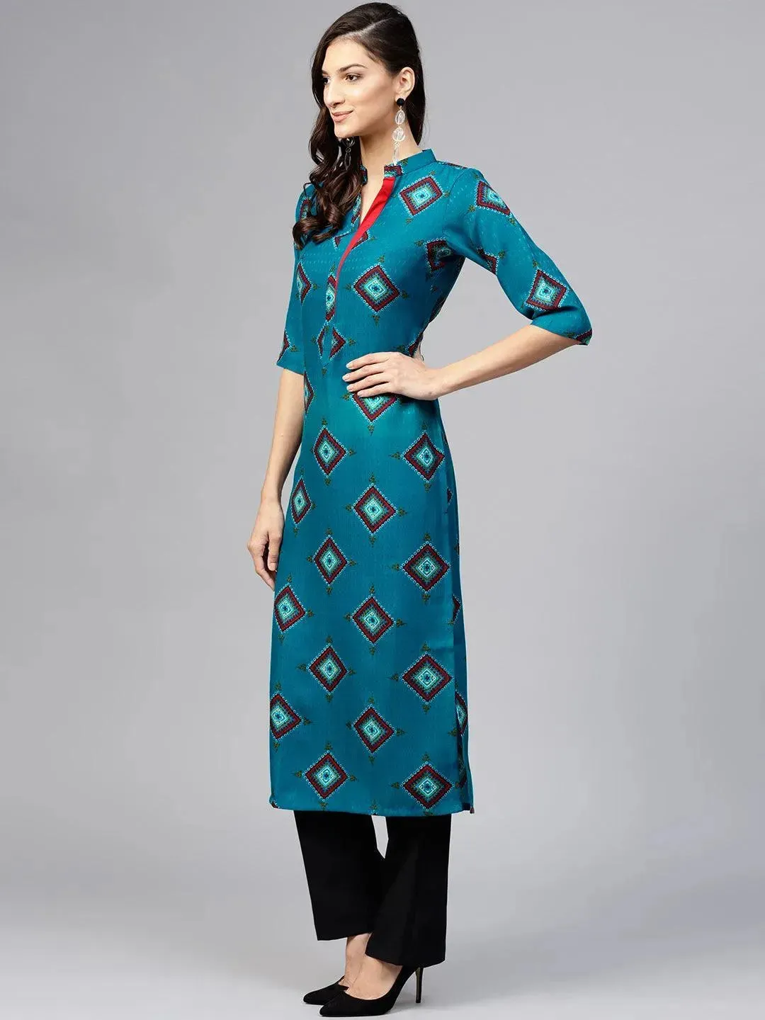 Blue Printed Polyester Kurta