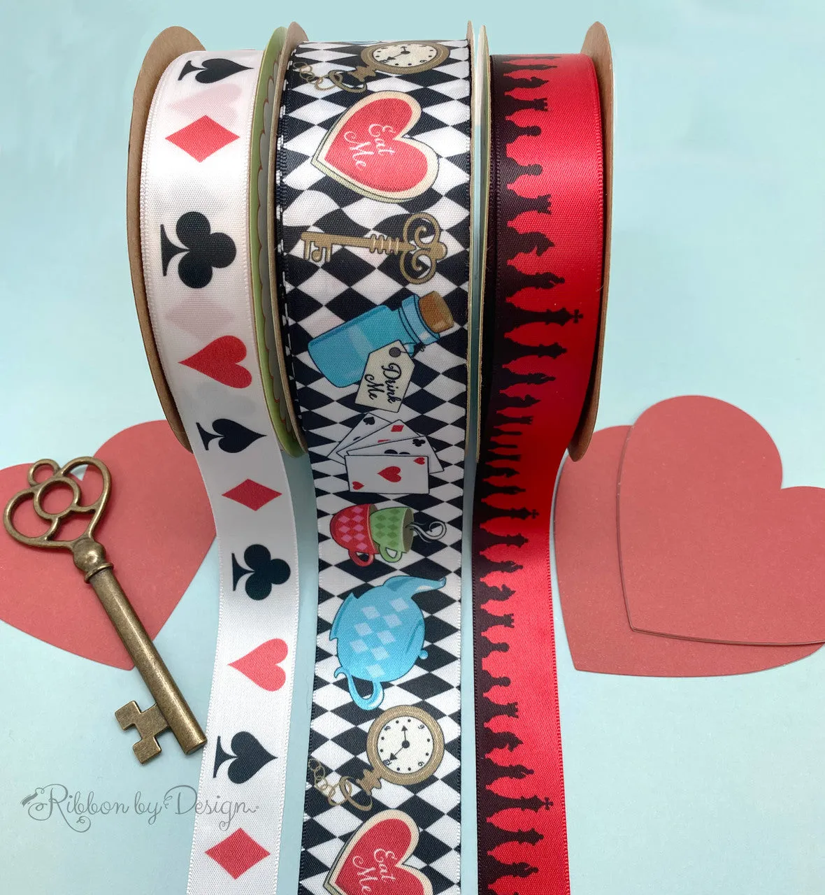 Chess ribbon with all the game pieces in  black silhouette printed on 7/8" Dijon gold satin
