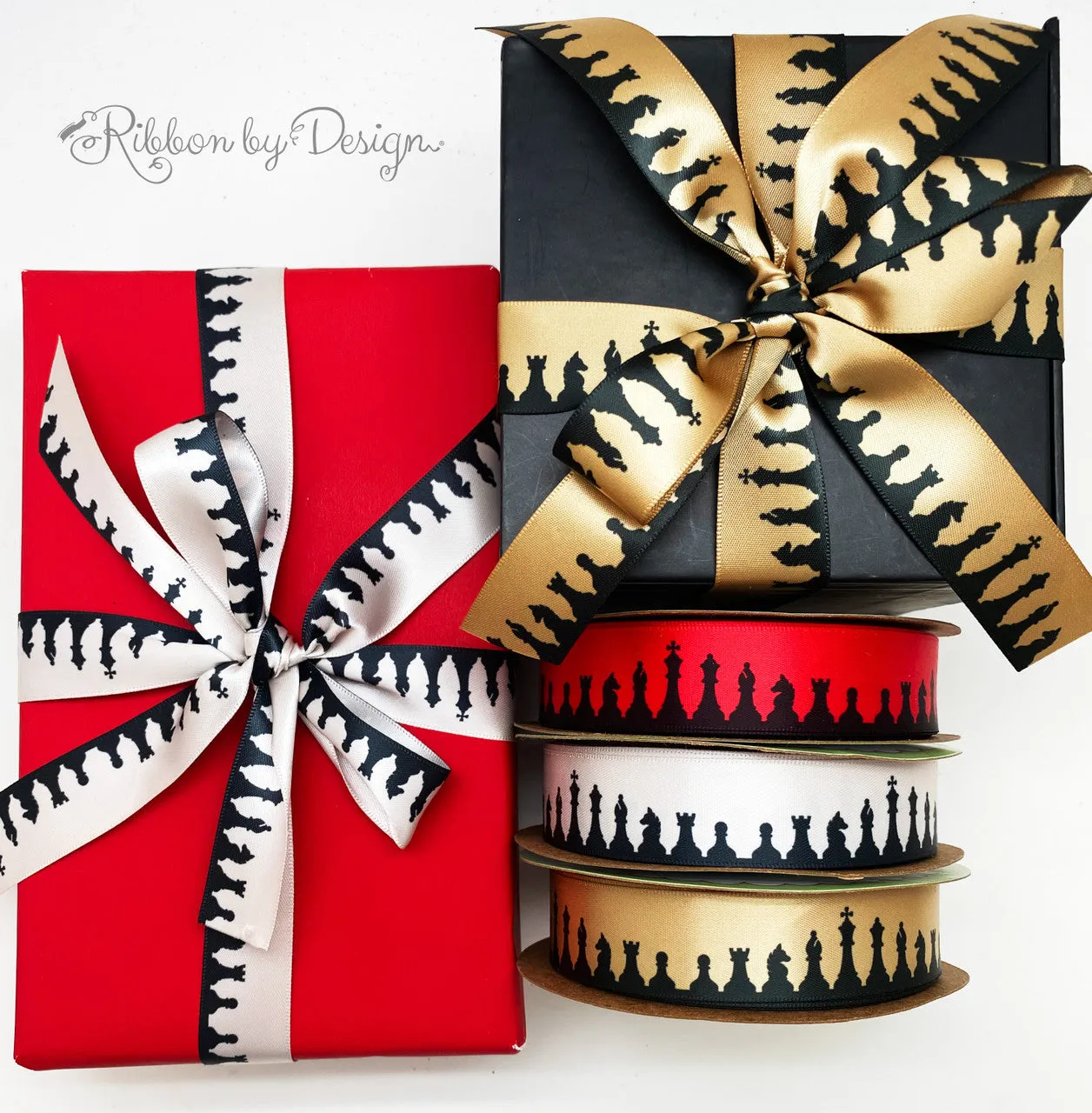 Chess ribbon with all the game pieces in  black silhouette printed on 7/8" Dijon gold satin