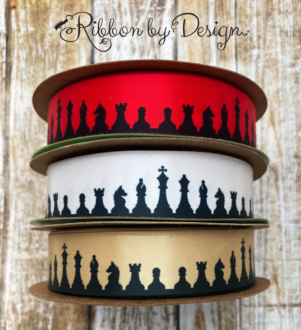 Chess ribbon with all the game pieces in  black silhouette printed on 7/8" Dijon gold satin
