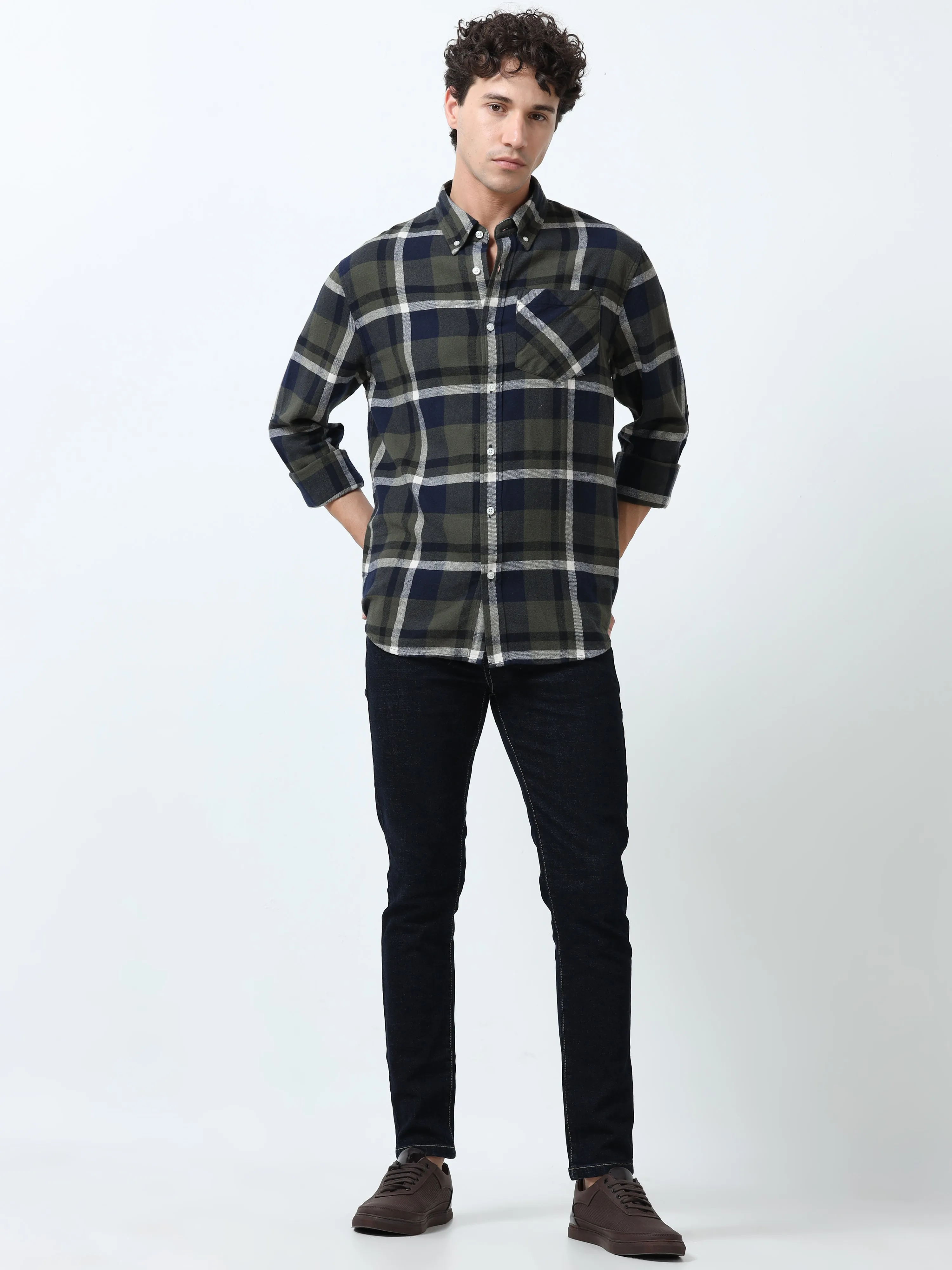 Clio - Brushed Checkered Shirt - Dark Green