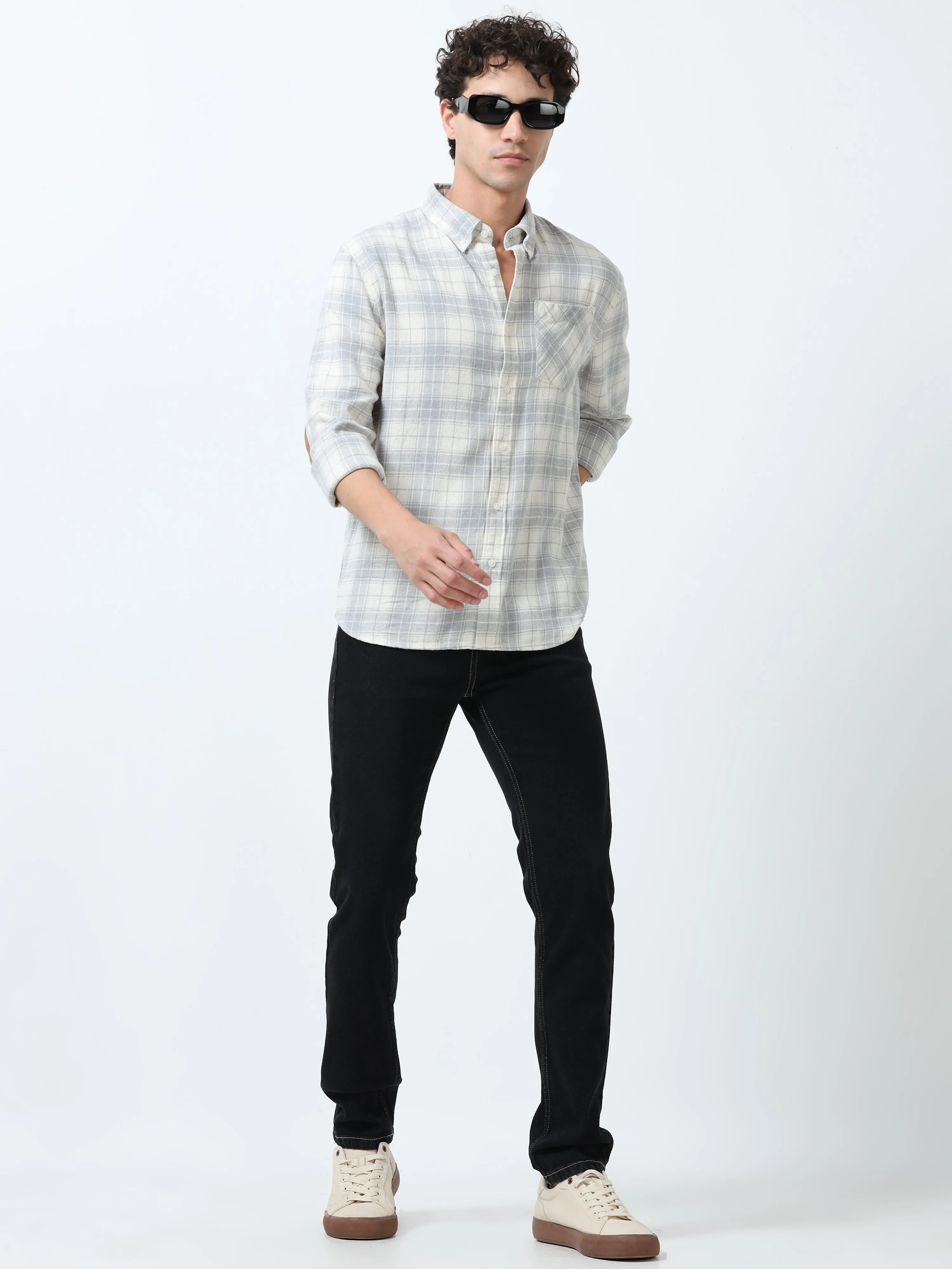 Clio - Brushed Checkered Shirt - White and Grey