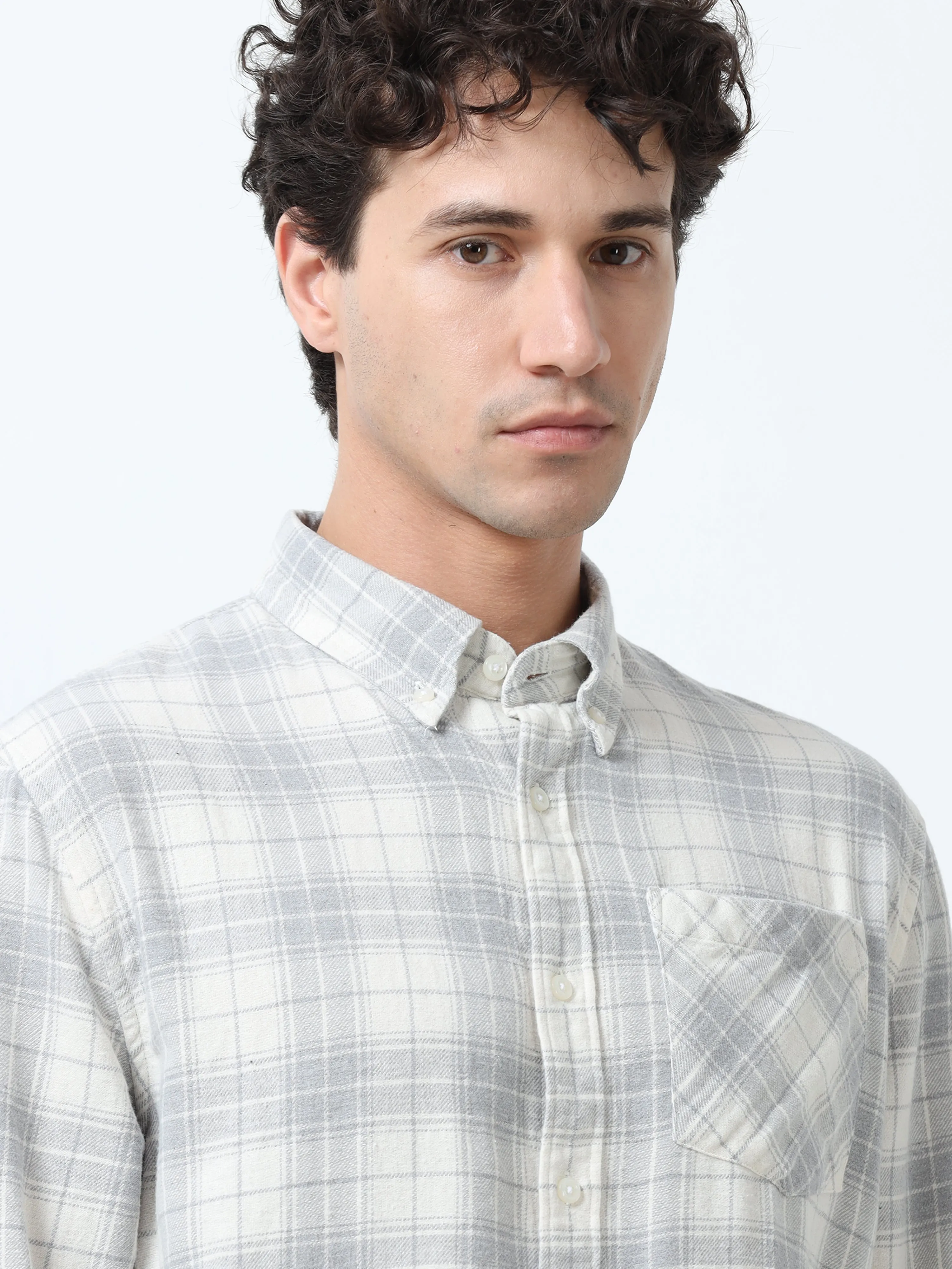 Clio - Brushed Checkered Shirt - White and Grey