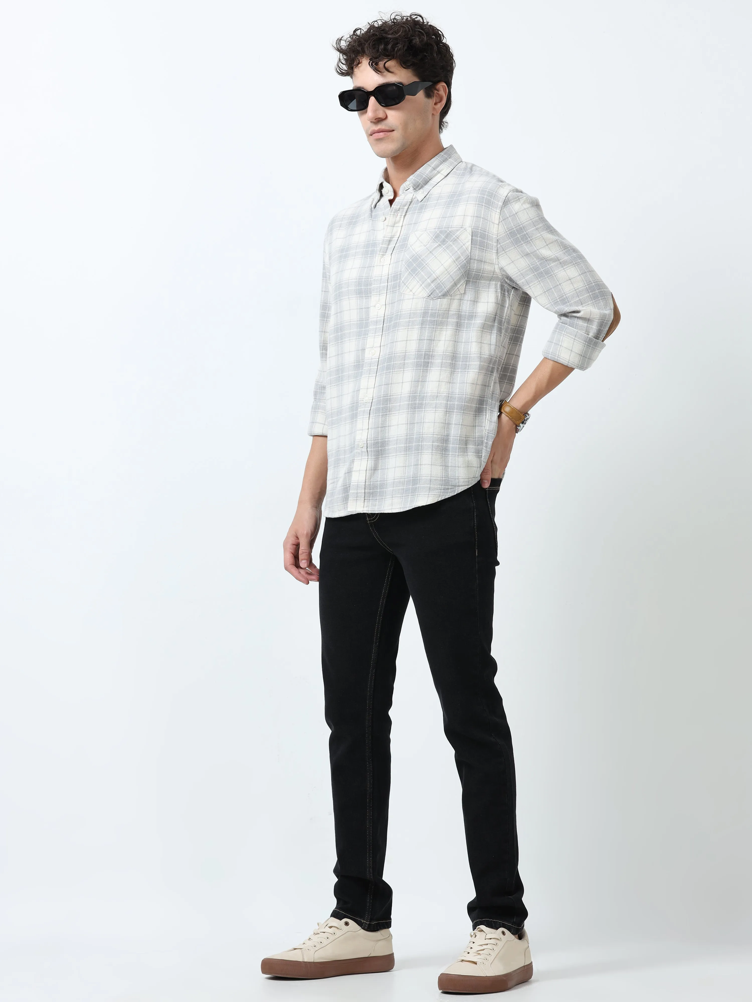 Clio - Brushed Checkered Shirt - White and Grey