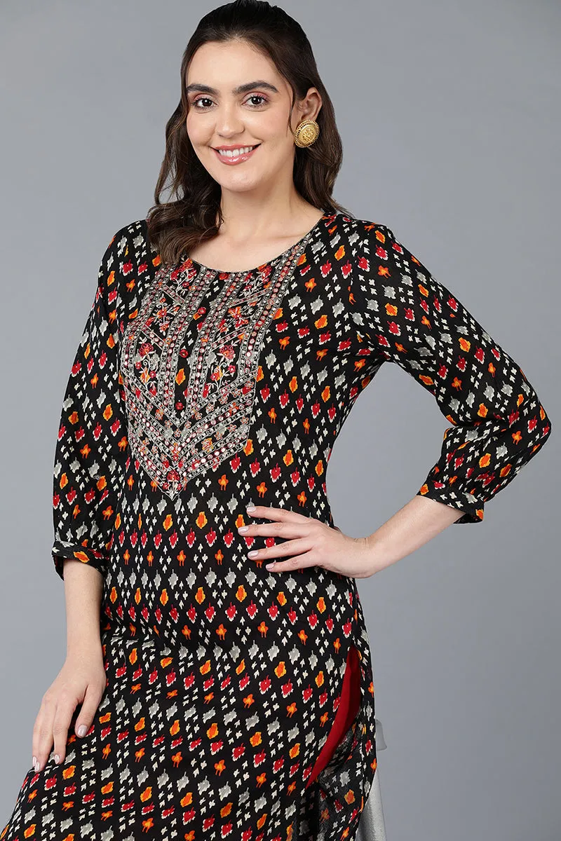 Cotton Black Ikat Printed Straight Kurta