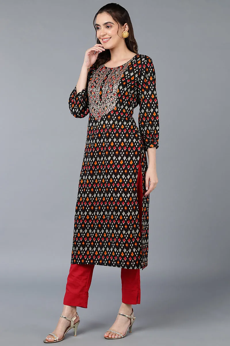 Cotton Black Ikat Printed Straight Kurta