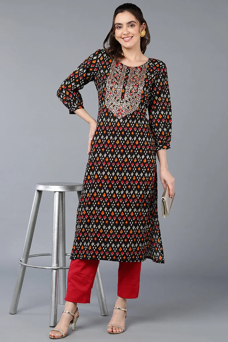 Cotton Black Ikat Printed Straight Kurta