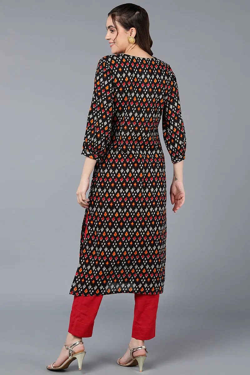 Cotton Black Ikat Printed Straight Kurta