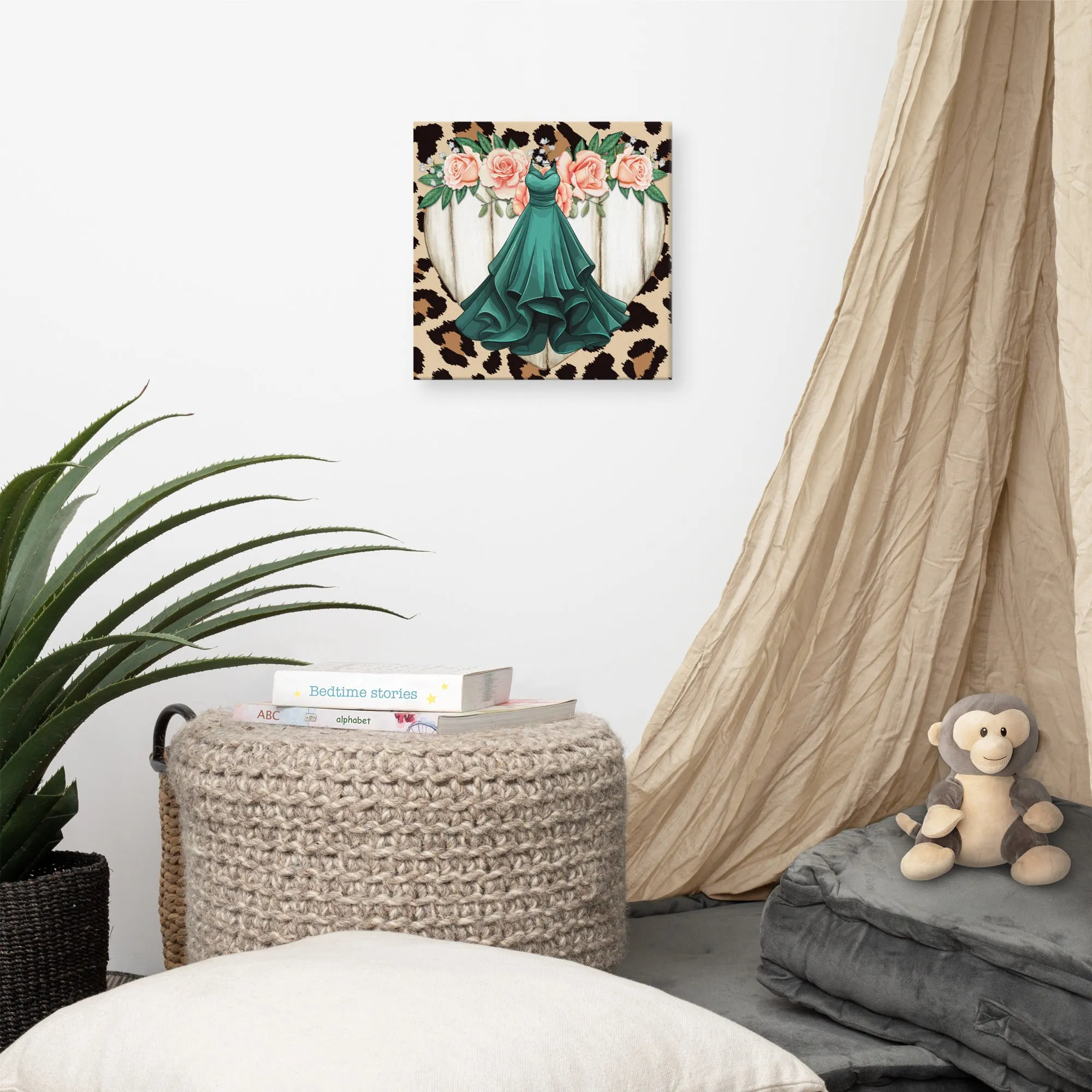 Dress, Gold Trim Heart and Animal Print Fashion Canvas lioness-love