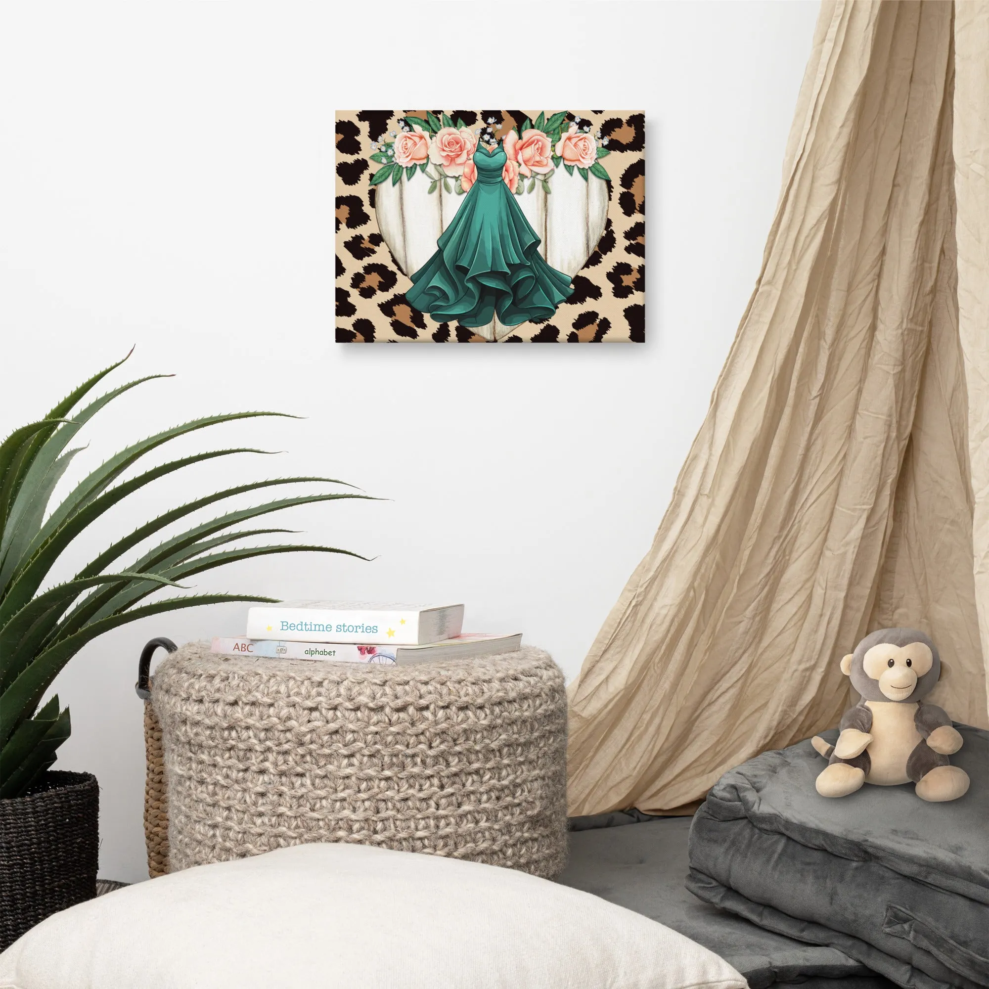 Dress, Gold Trim Heart and Animal Print Fashion Canvas lioness-love
