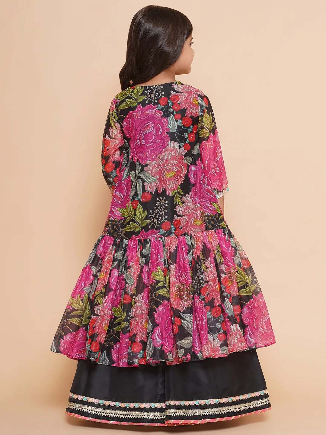 Girls Black Floral Print Lace Work Kurta with Skirt