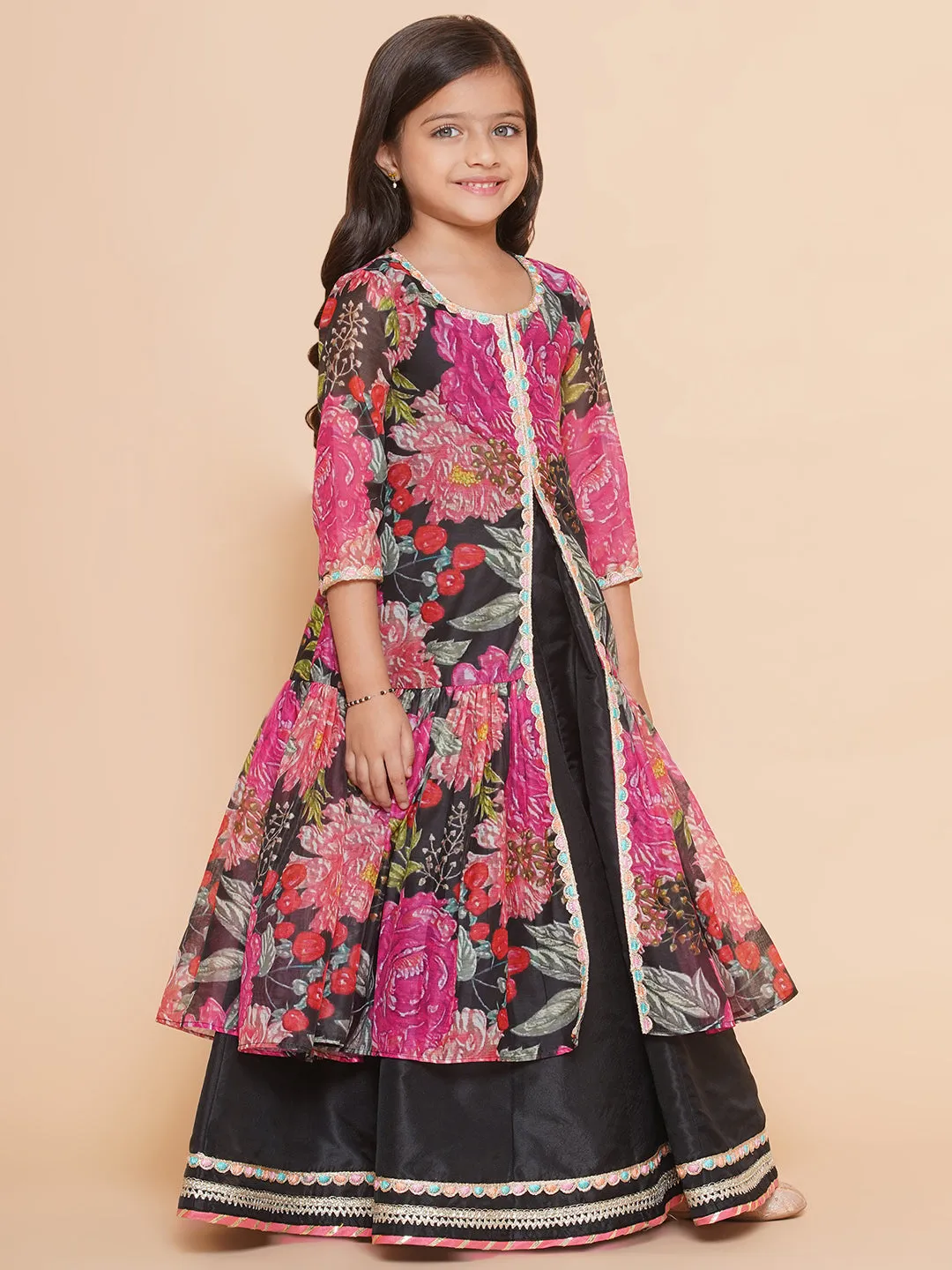Girls Black Floral Print Lace Work Kurta with Skirt