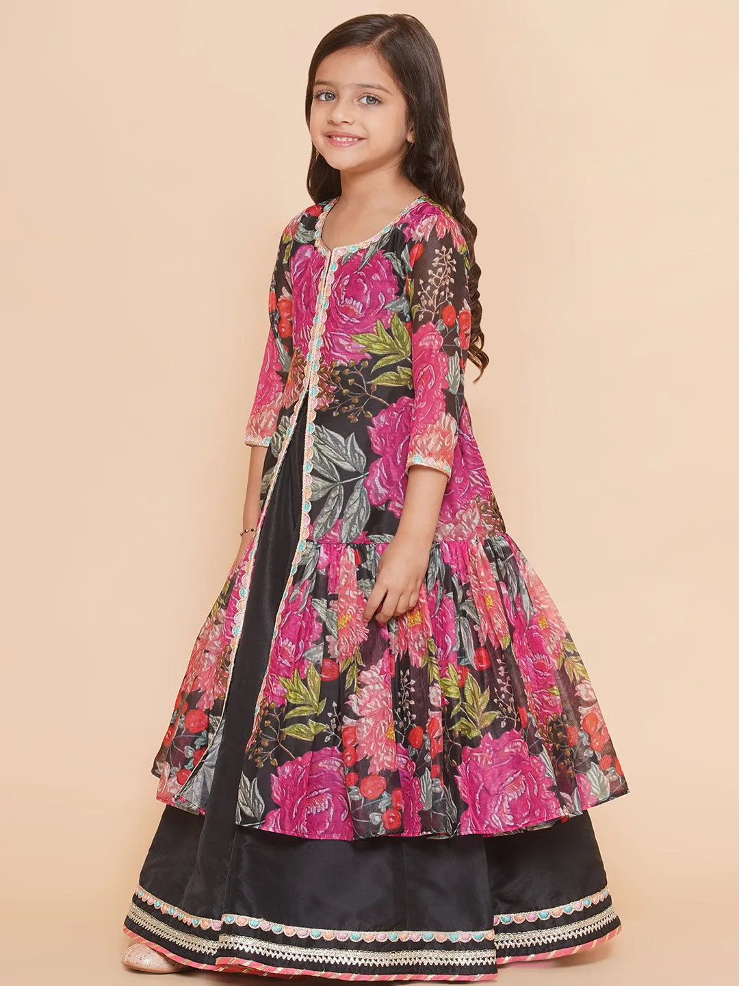 Girls Black Floral Print Lace Work Kurta with Skirt