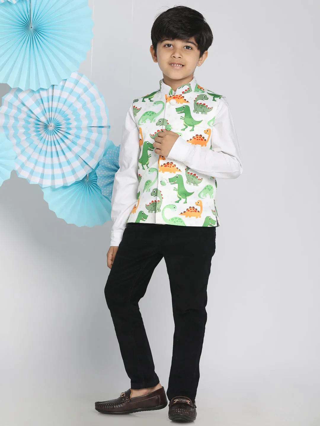 Jashvi Boys  Multicolor-Base-White Nehru Jacket