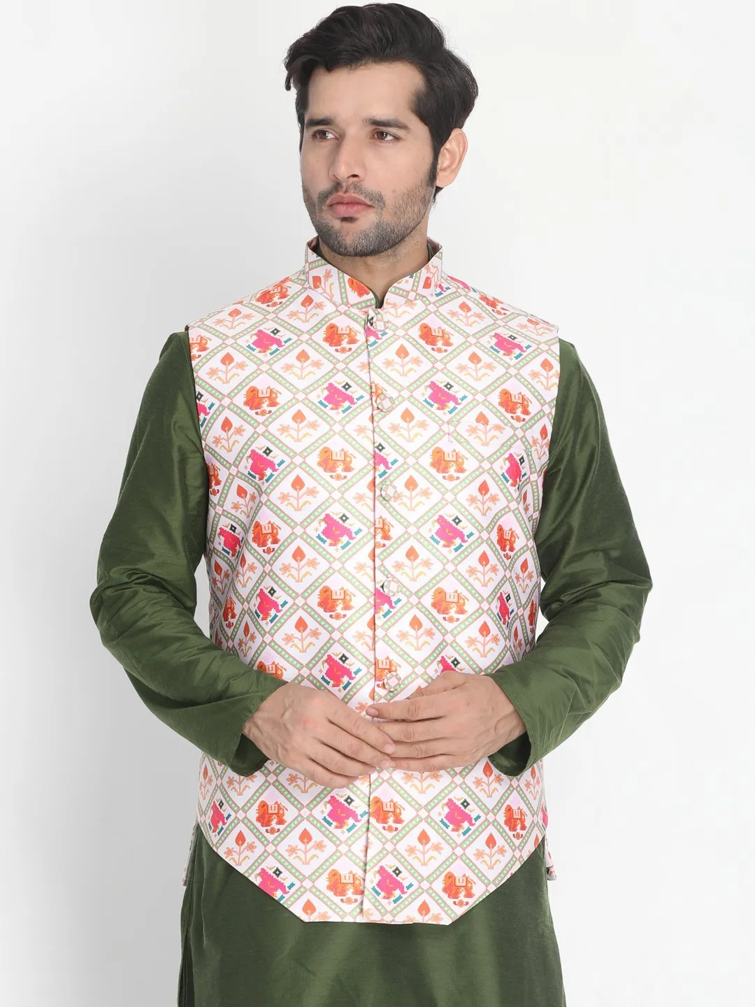 Jashvi Men's Pink Silk Blend Ethnic Jacket