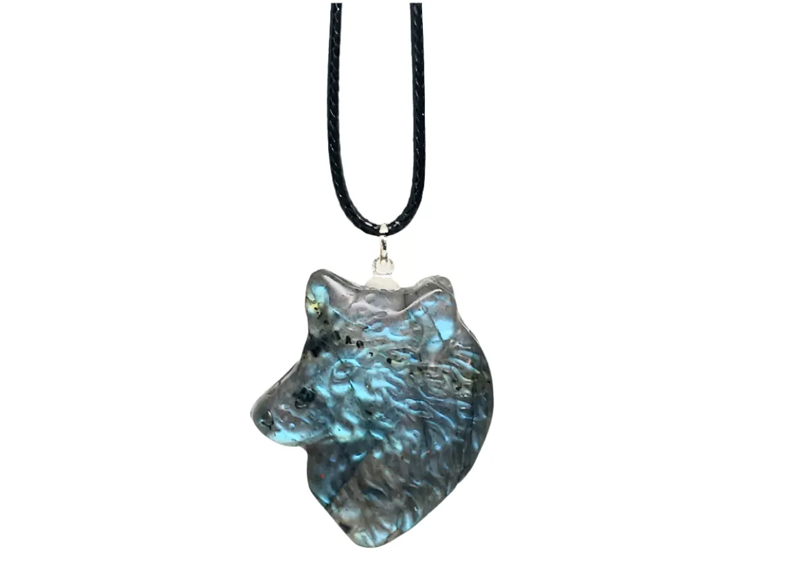Labradorite Crystal Wolf Pendant Necklace