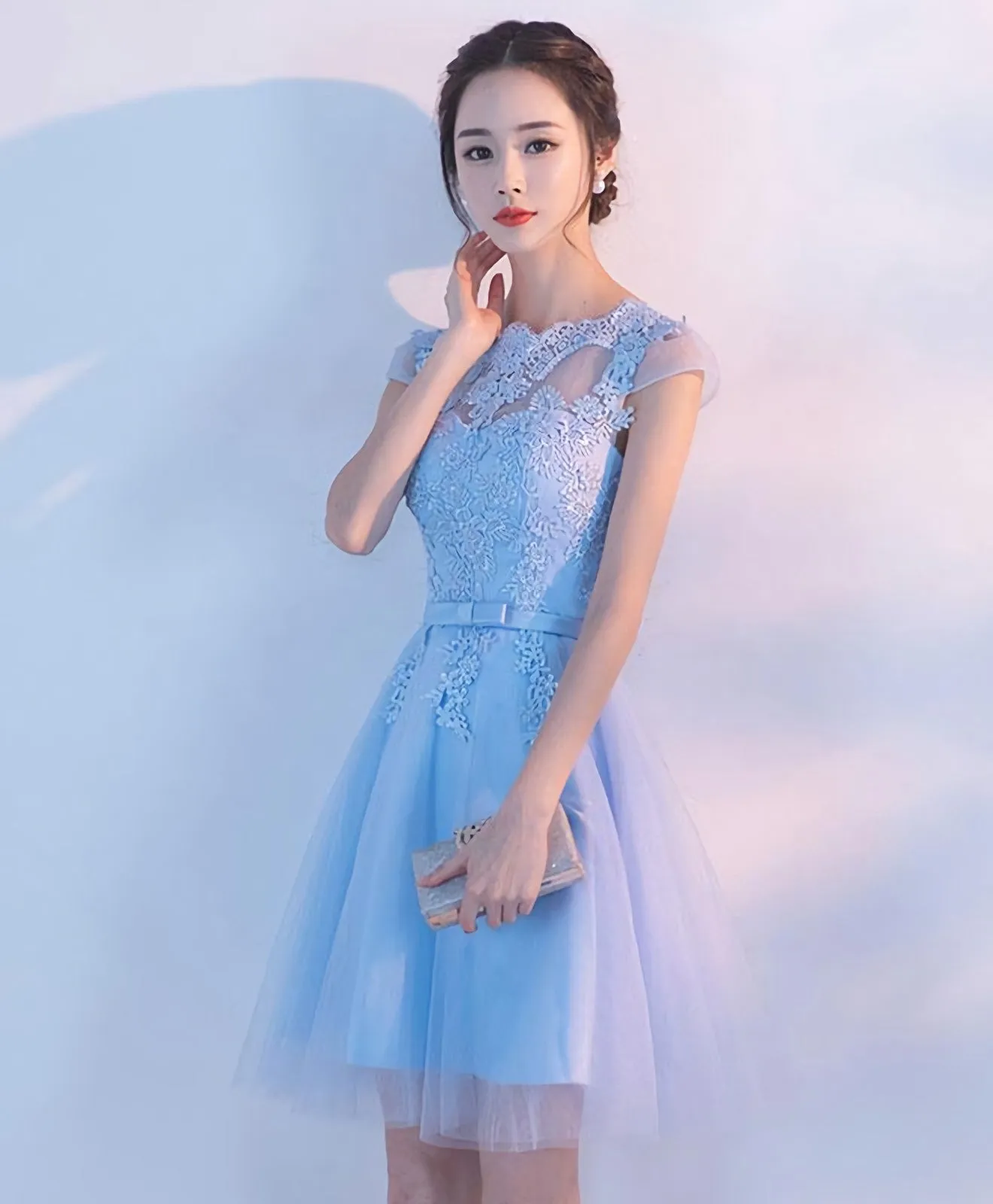 Light Blue A Line Tulle Lace Short Prom Dress Homecoming Dress