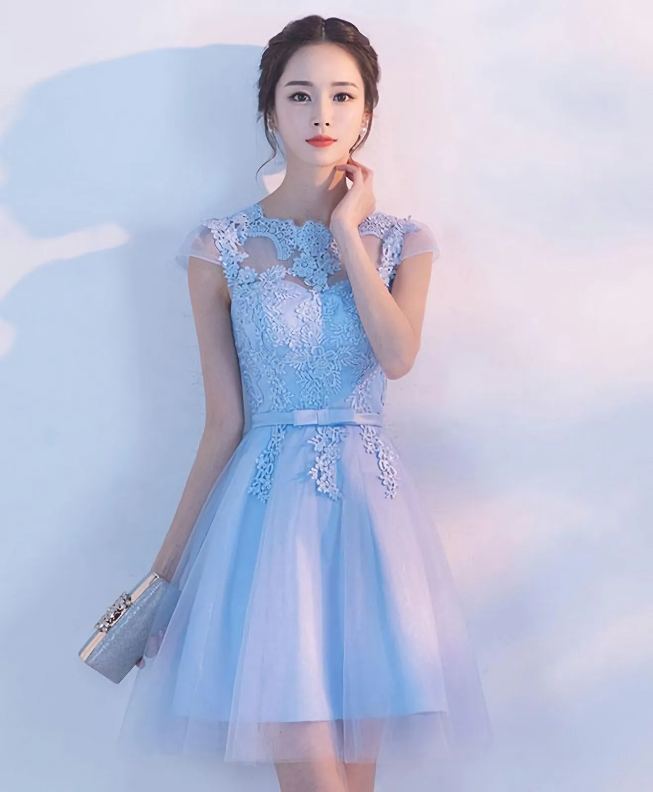 Light Blue A Line Tulle Lace Short Prom Dress Homecoming Dress