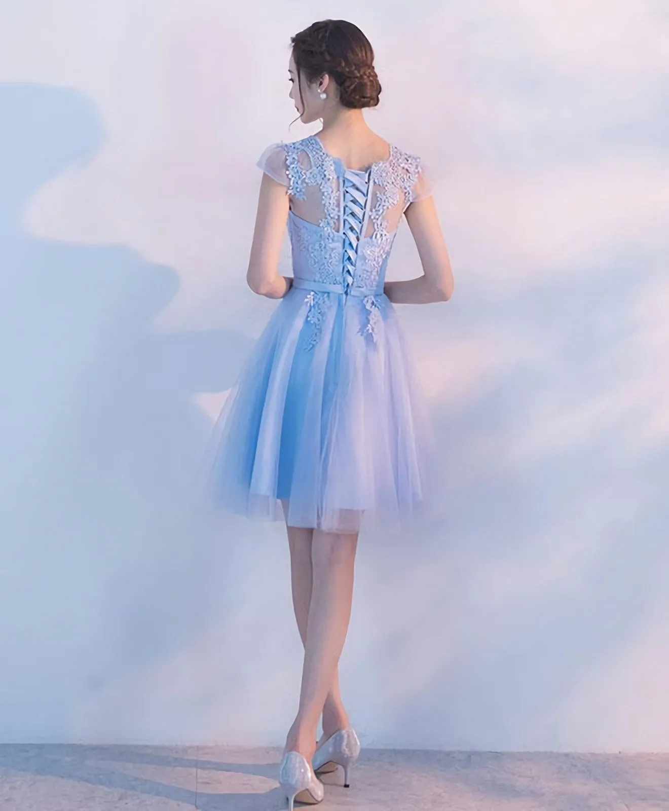 Light Blue A Line Tulle Lace Short Prom Dress Homecoming Dress