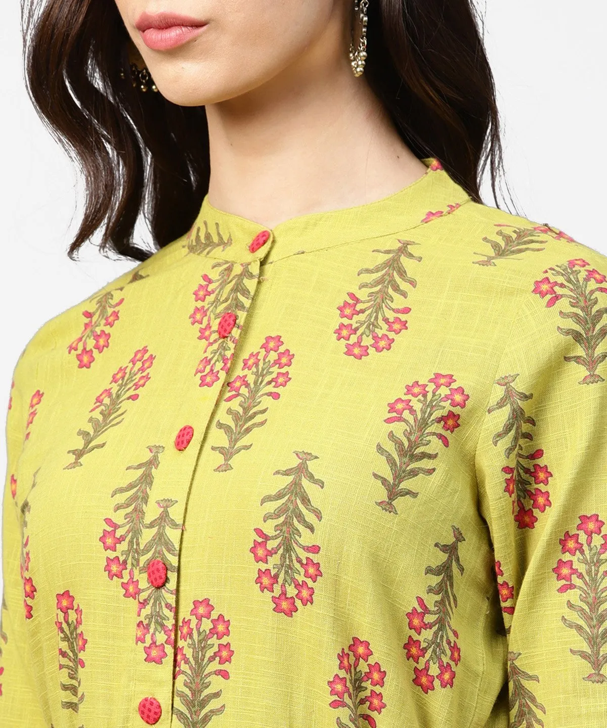 Light Green Printed 3/4Th Sleeve Cotton Assymetric Kurta With Pink Pallazo