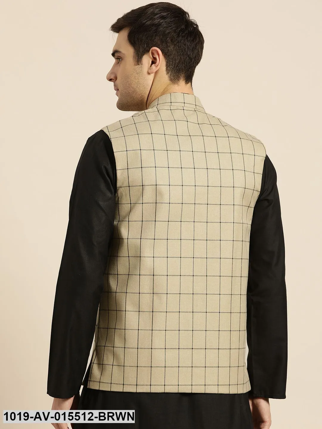 Men's Cotton Blend Light Brown & Black Checked Nehru Jacket - Sojanya