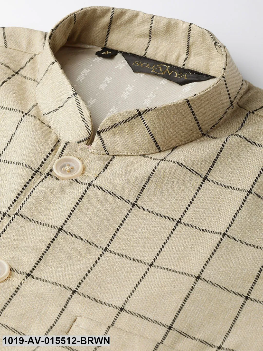 Men's Cotton Blend Light Brown & Black Checked Nehru Jacket - Sojanya