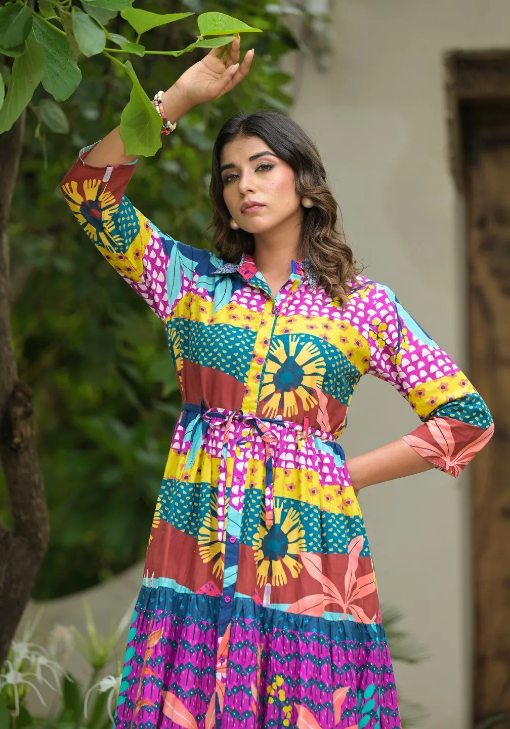 Multi Geometric Printed Cambric Dress With Buttons & Doris On Waist