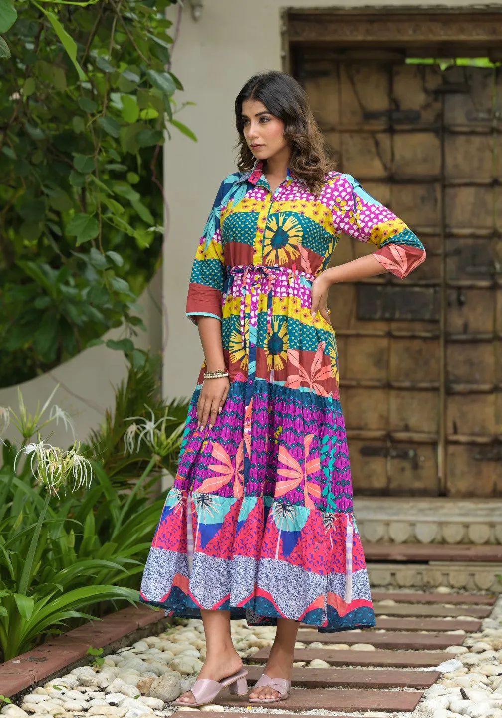 Multi Geometric Printed Cambric Dress With Buttons & Doris On Waist