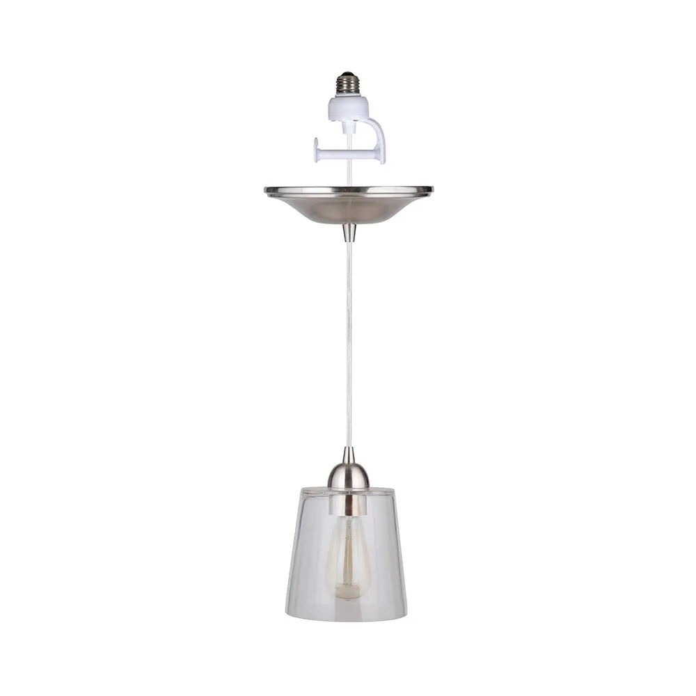 NEW Brushed Nickel Clear Glass Shade Instant Pendant Conversion Kit
