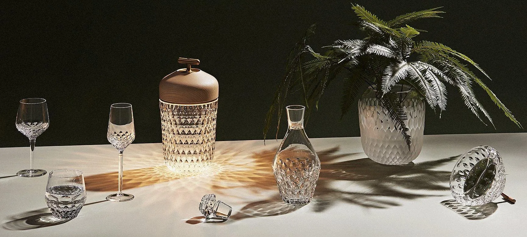 St. Louis Crystal Folia In Dark Ash Wood and Brass With Clear Glass