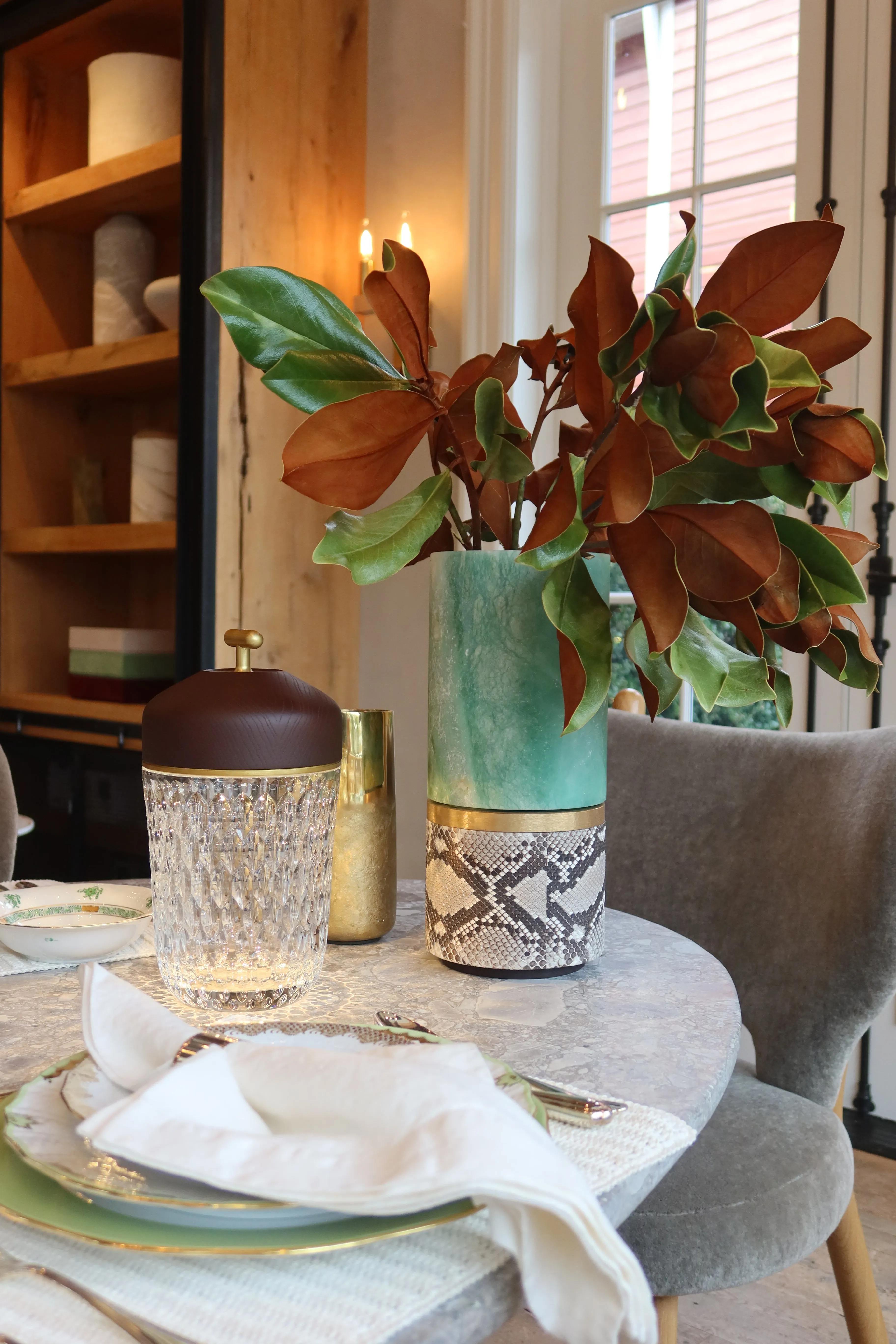 St. Louis Crystal Folia In Dark Ash Wood and Brass With Clear Glass