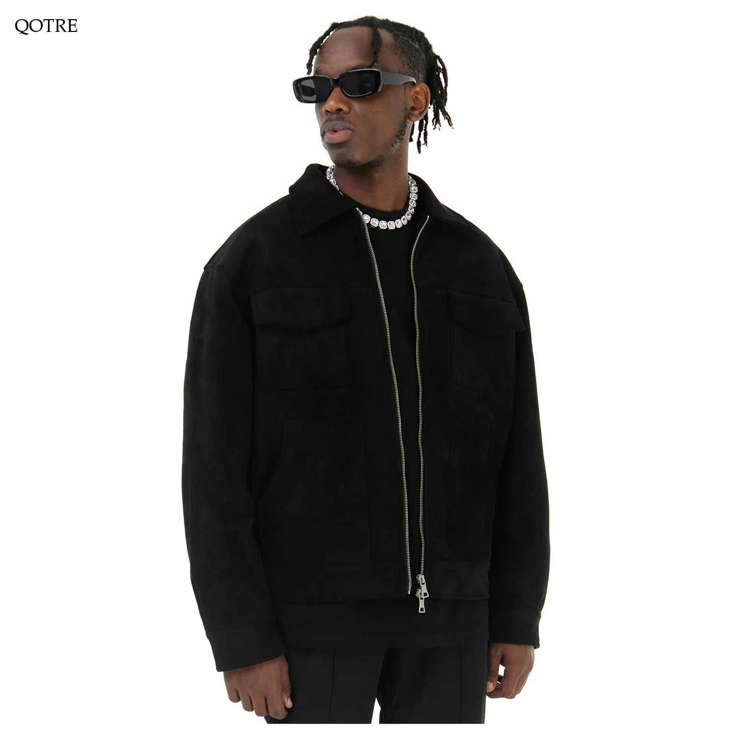 Suede Lapel Collar Cropped Casual Overshirt