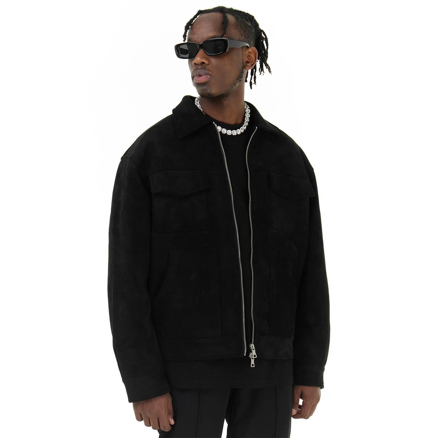 Suede Lapel Collar Cropped Casual Overshirt