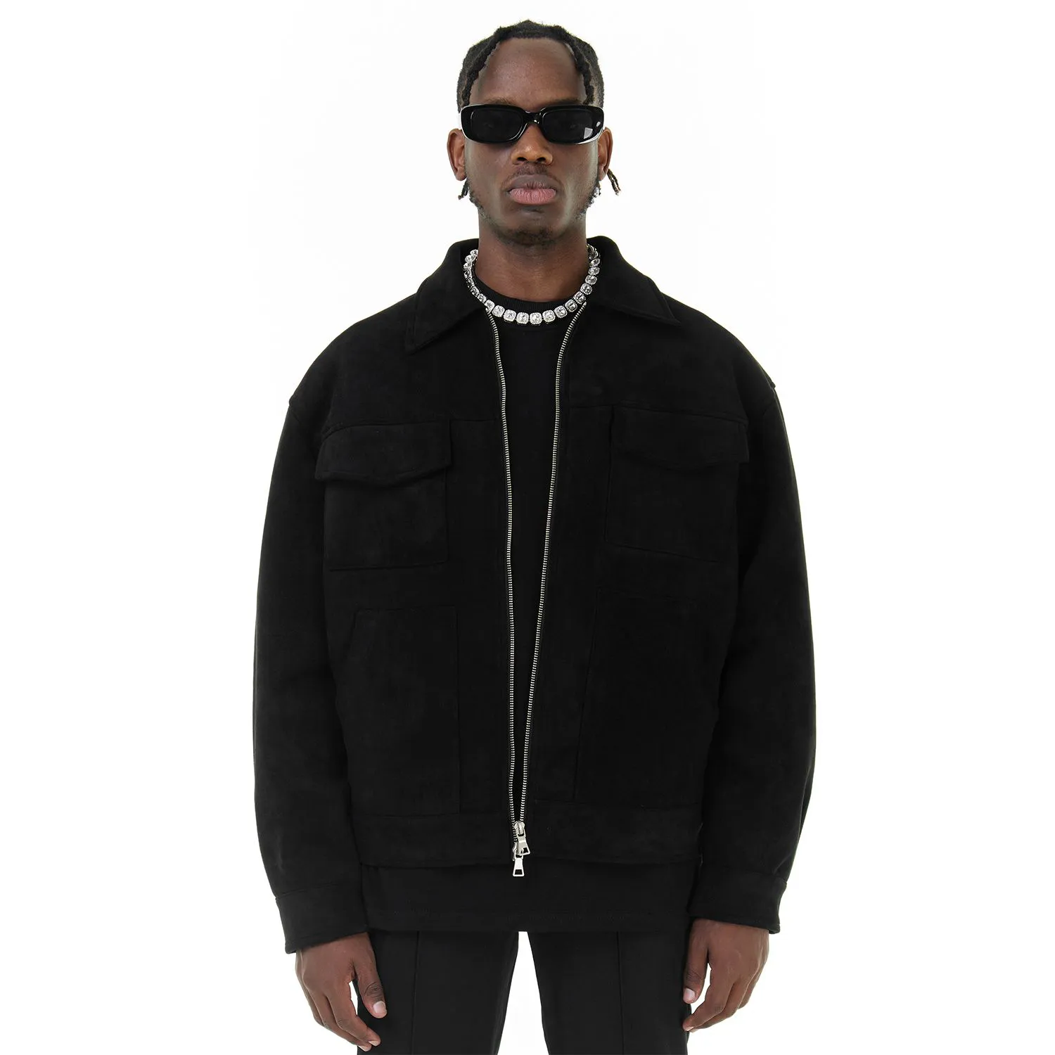 Suede Lapel Collar Cropped Casual Overshirt