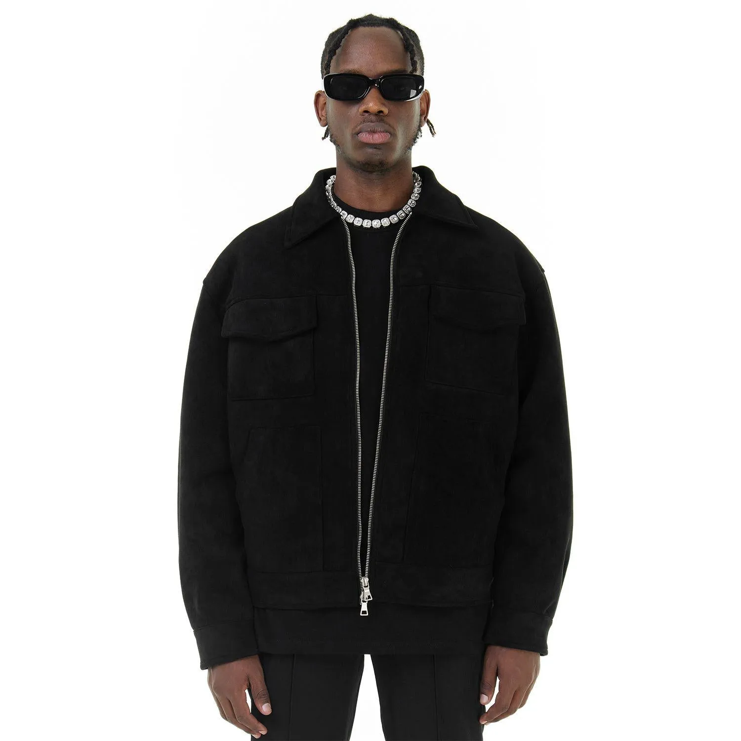 Suede Lapel Collar Cropped Casual Overshirt