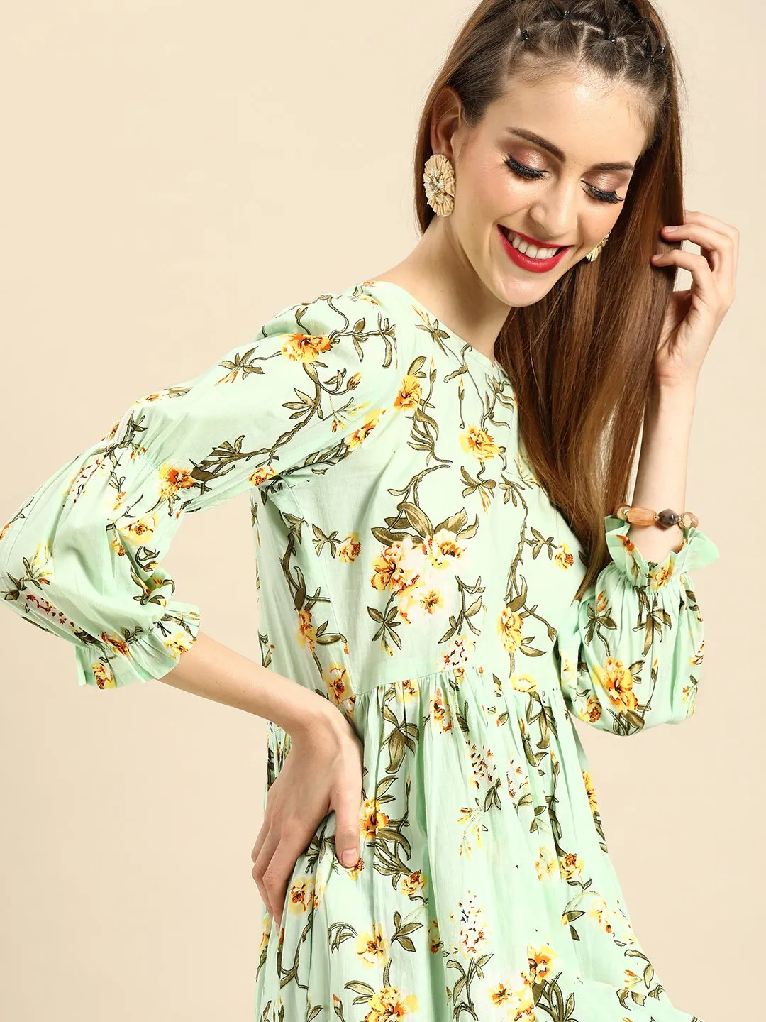 Women Mint Green Calf Length Three-Quarter Sleeves A-Line Floral Printed Cotton Kurta