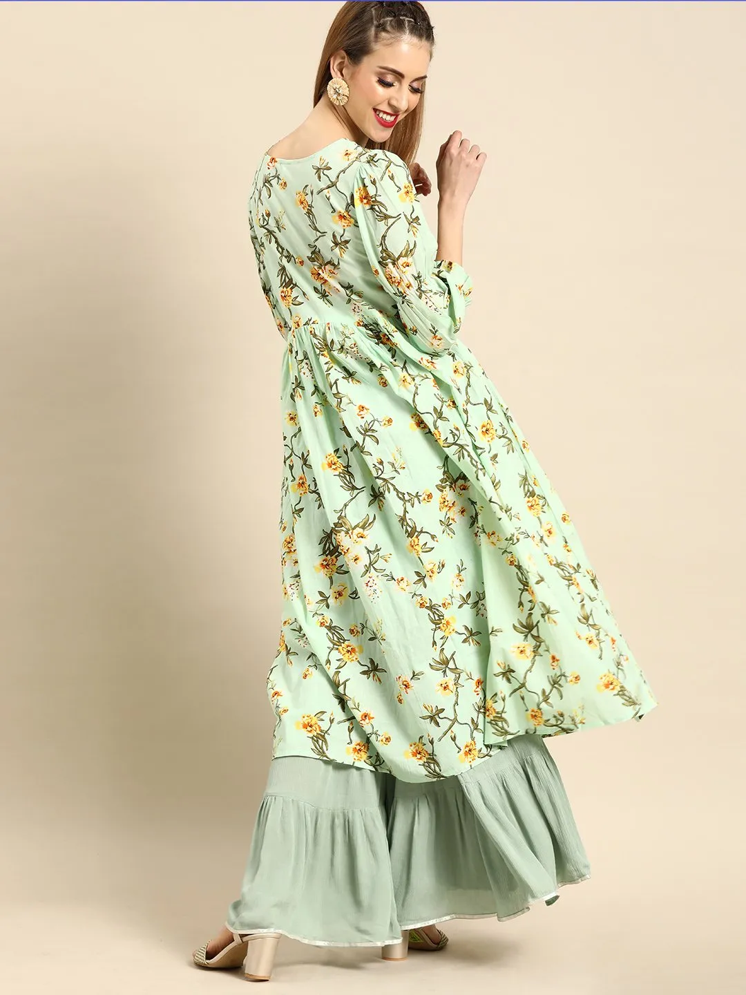 Women Mint Green Calf Length Three-Quarter Sleeves A-Line Floral Printed Cotton Kurta