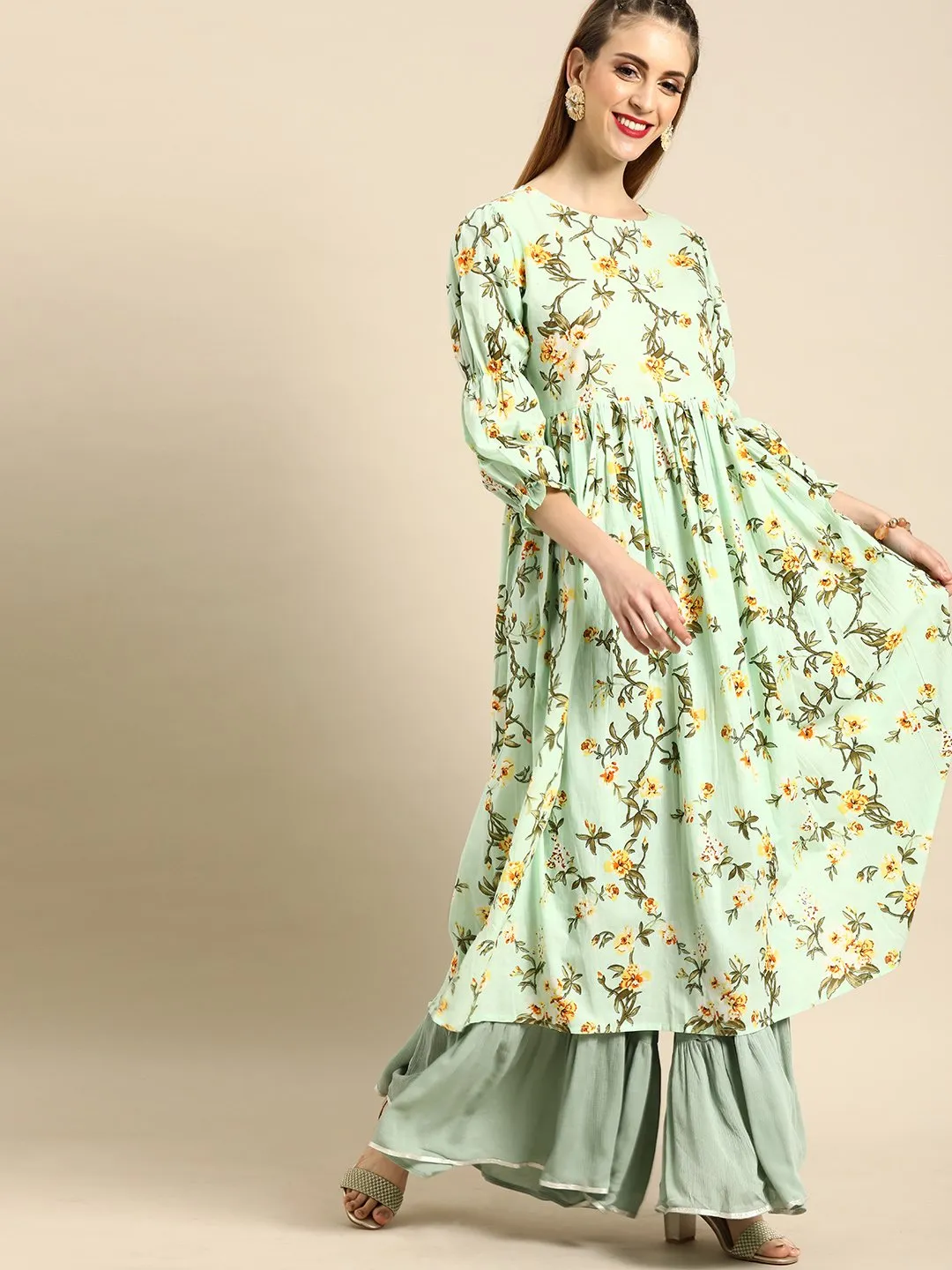 Women Mint Green Calf Length Three-Quarter Sleeves A-Line Floral Printed Cotton Kurta