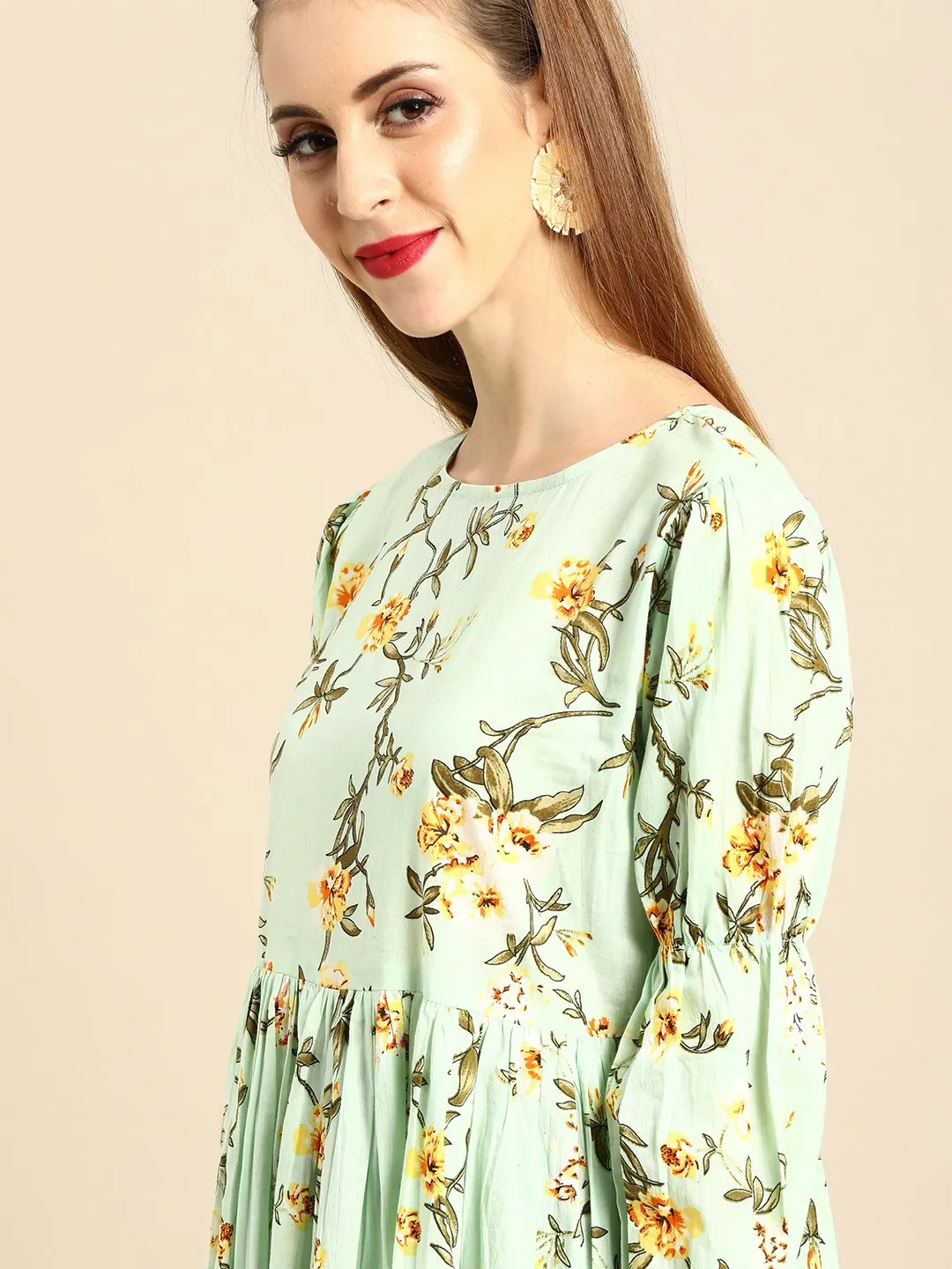 Women Mint Green Calf Length Three-Quarter Sleeves A-Line Floral Printed Cotton Kurta